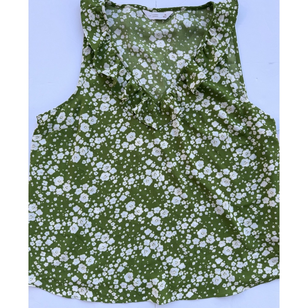 LC Lauren Conrad Womens XL NWT Olive Green White Floral Ruffle V-Neck Blouse Top